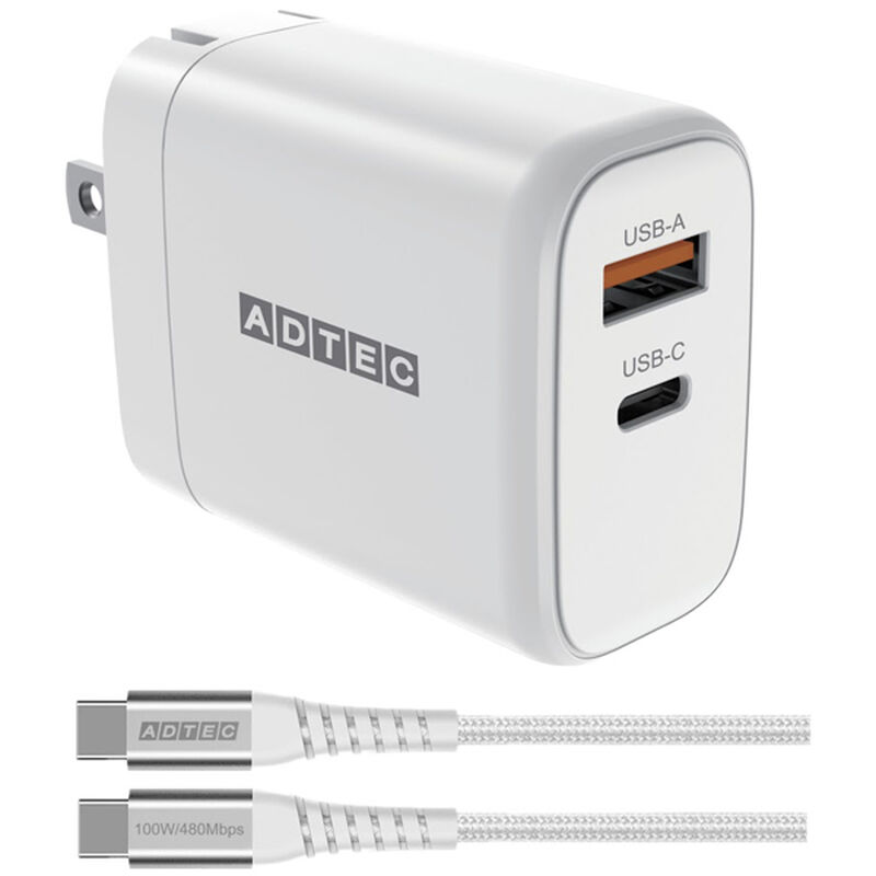 Power Delivery対応 GaN AC充電器/65W/USB Type-A 1ポート/Type-C 1ポート/ホワイト & Type-C to Cケーブルセット APD-V065AC-wC20U2-WH