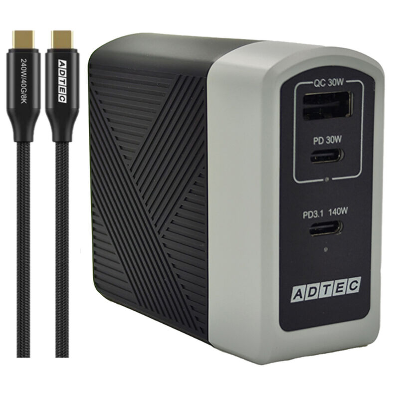 Power Delivery 3.1対応 GaN AC充電器/140W/Type-C×2 Type-A×1/ブラック & C to Cケーブル APD-A140AC2-wC24-BK