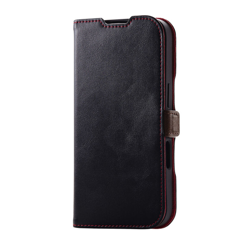 iPhone 16 Pro用レザーケース/手帳型/耐衝撃/磁石付き/ステッチ/ブラック PM-A24CPLFYBK