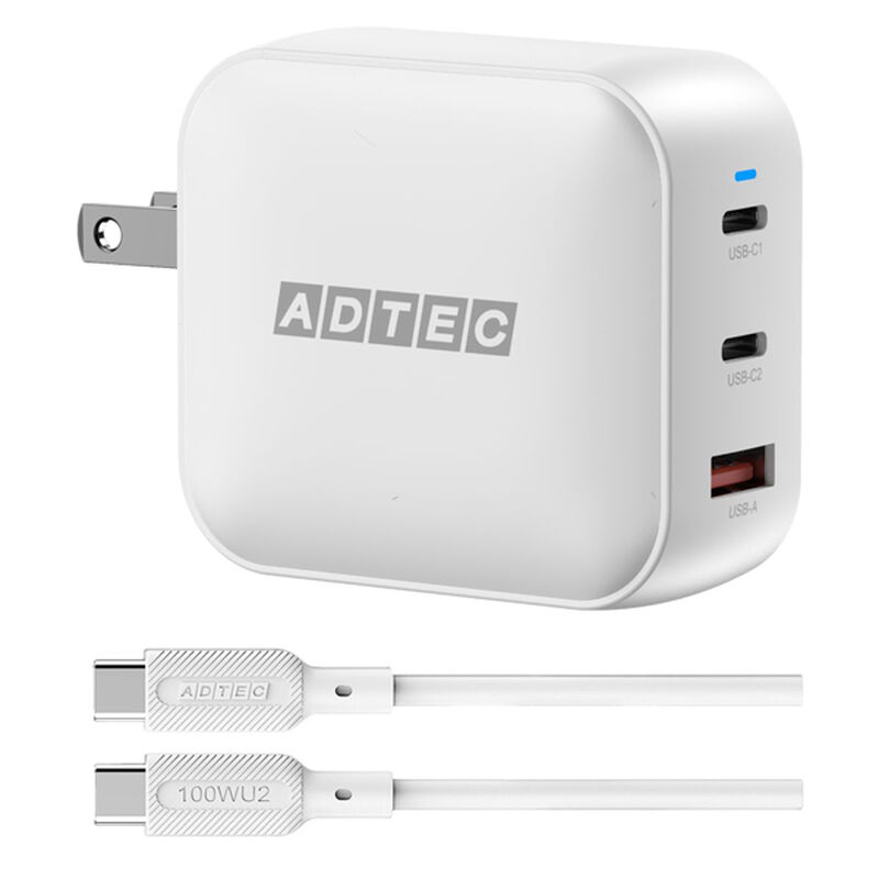 PD対応 GaN AC充電器/100W/USB-A/USB-C×2/ホワイト & Type-C to Cケーブル付 APD-V100AC2-WH-SCU2