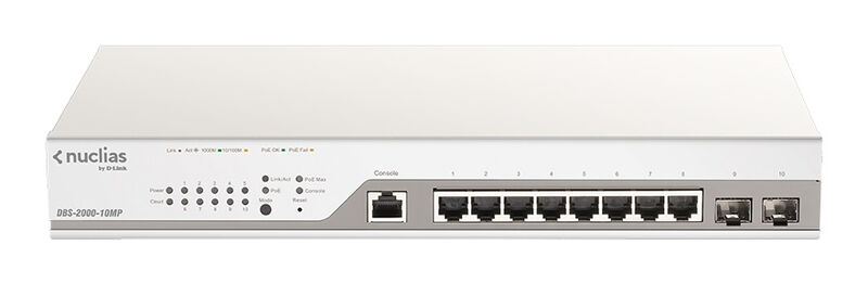 Nuclias対応ギガビットL2スマートスイッチ、PoE+対応(最大130W給電)、1000BASE-Tポート×8、SFPスロット×2、1年間ライセンス付 DBS-2000-10MP/A1