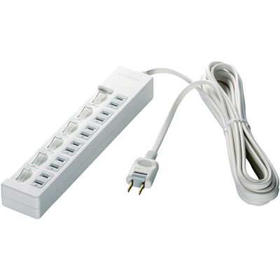 2ピン式電源タップ 6個口タイプ 雷サージ防止/個別スイッチ付 1m ホワイト BSTAPSW2610WH