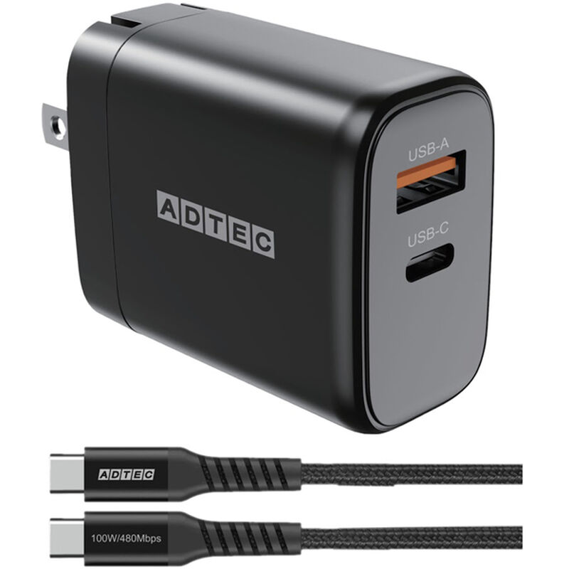 Power Delivery対応 GaN AC充電器/65W/USB Type-A 1ポート/Type-C 1ポート/ブラック & Type-C to Cケーブルセット APD-V065AC-wC20U2-BK