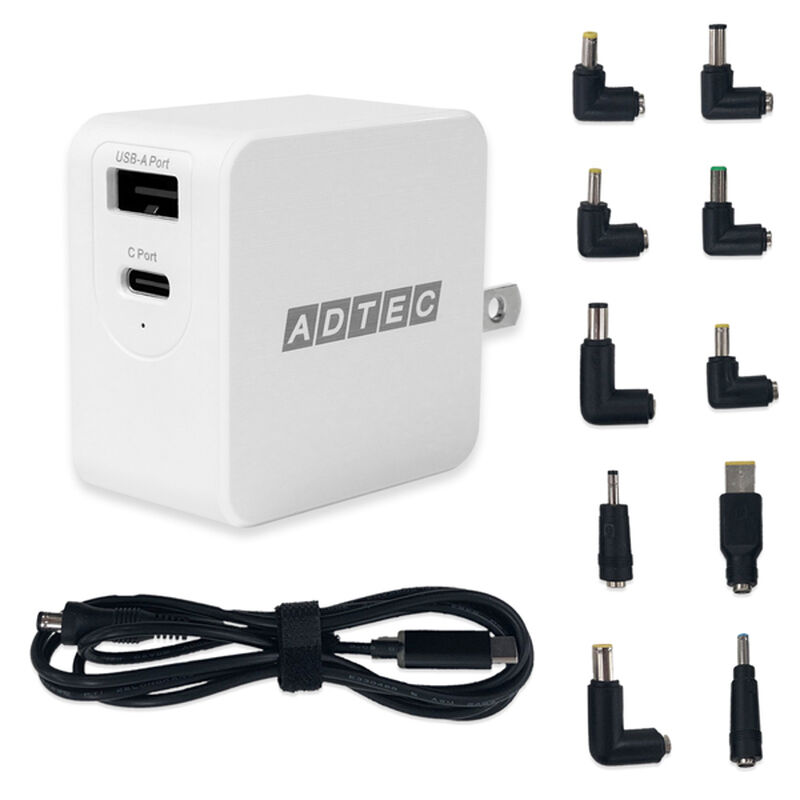 PD対応 GaN AC充電器/65W/USB Type-A×1 Type-C×1/ホワイト マルチプラグケーブルセット APD-A065AC-wM-WH