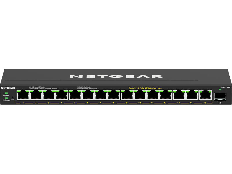SOHO/家庭向けPoE+対応 (180W) ギガビット15ポート SFP 1スロット アンマネージプラススイッチ GS316EP-100JPS
