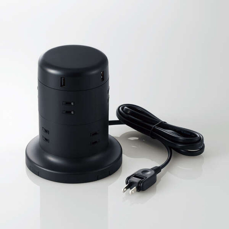 タワー型タップ/8個口/雷サージ付/ホコリ防止シャッター付/固定可能/5ポート合計出力4.8A/2.0m/ブラック TT-U01-0820BK