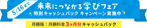 【未来につながる学びフェア】特別キャッシュバックキャンペーン実施中 月額版：月額料金3ヶ月分キャッシュバック