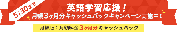 5/30まで 英語学習応援！月額3ヶ月分キャッシュバックキャンペーン実施中！ 月額版：月額料金3ヶ月分キャッシュバック