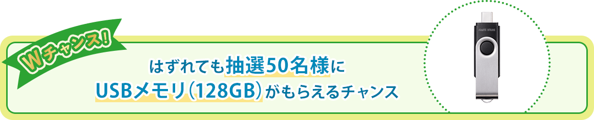 はずれても抽選50名様にUSBメモリ（128GB）がもらえるチャンス