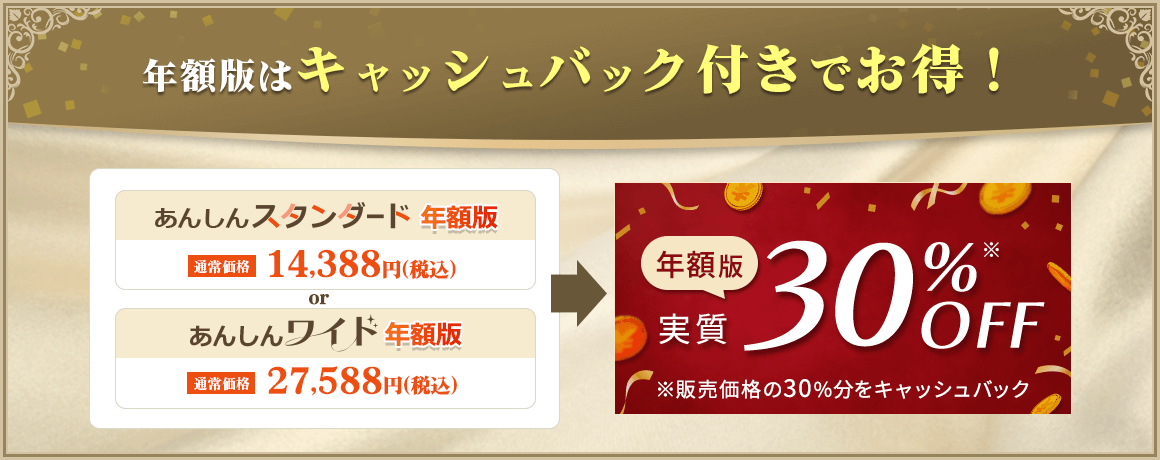年額版はキャッシュバック付きでお得!年額版実質30%OFF※販売価格の30%分をキャッシュバック