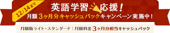 12/14まで 英語学習応援!月額3ヶ月分キャッシュバックキャンペーン実施中! 月額版ライト・スタンダード:月額料金3ヶ月分相当キャッシュバック