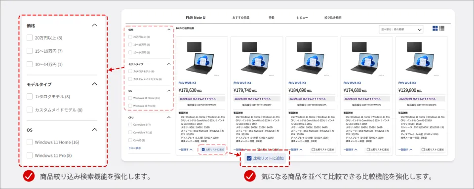 商品の絞り込み機能・複数商品の比較画面イメージ