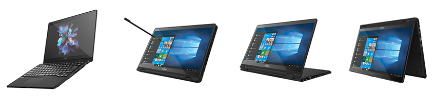 画像：「UH95/E2」：左よりクラムシェルモード、タブレットモード、スタンドモード、テントモード